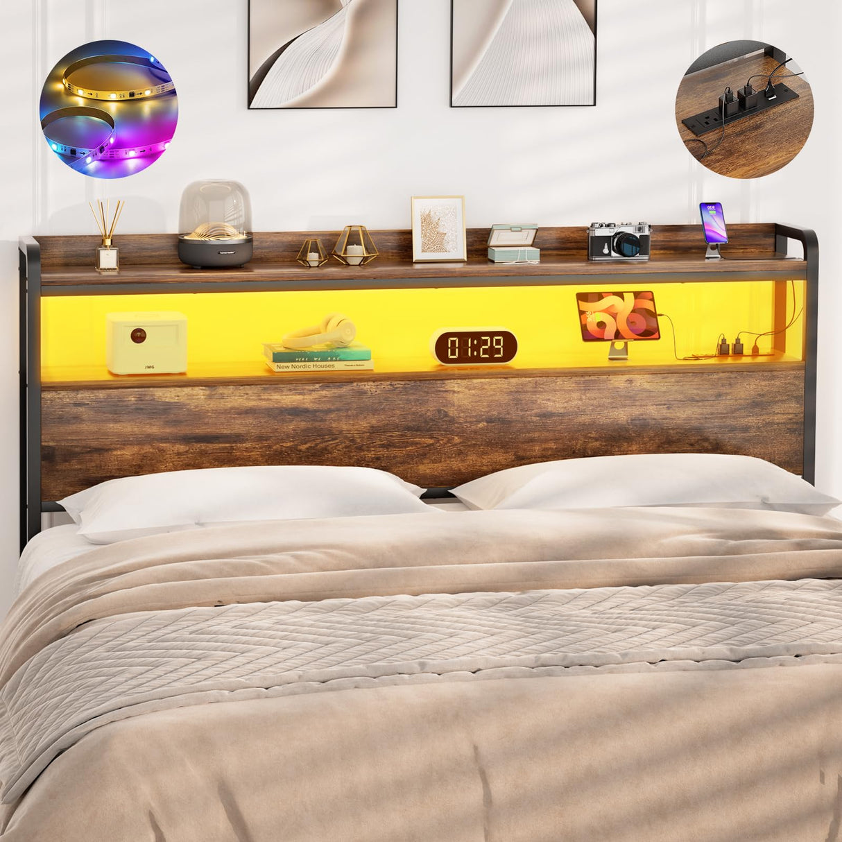 Aheaplus Headboard for Full Size Bed Frame, Headboards with Outlets, USB Ports and LED Light, Head Board with Storage, Height Adjustable, Sturdy and Stable Headboard, Full Size, Rustic Brown Aheaplus