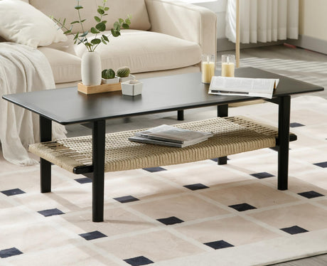 Chairus Farmhouse Rectangular Coffee Table with Rattan Storage - Solid Wood Centre Table for Home and Office chairus