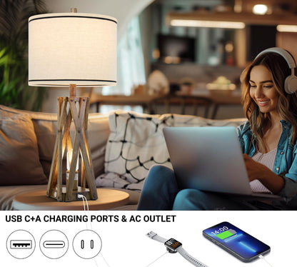 WEITERS 27.5" Touch Control Farmhouse Table Lamp Set of 2, 3-Way Dimmable Bedside Lamp with USB C+A & AC Outlet, Lamp for Living Room End Table, Modern Bedroom Nightstand Lamp, 4 Bulbs Included