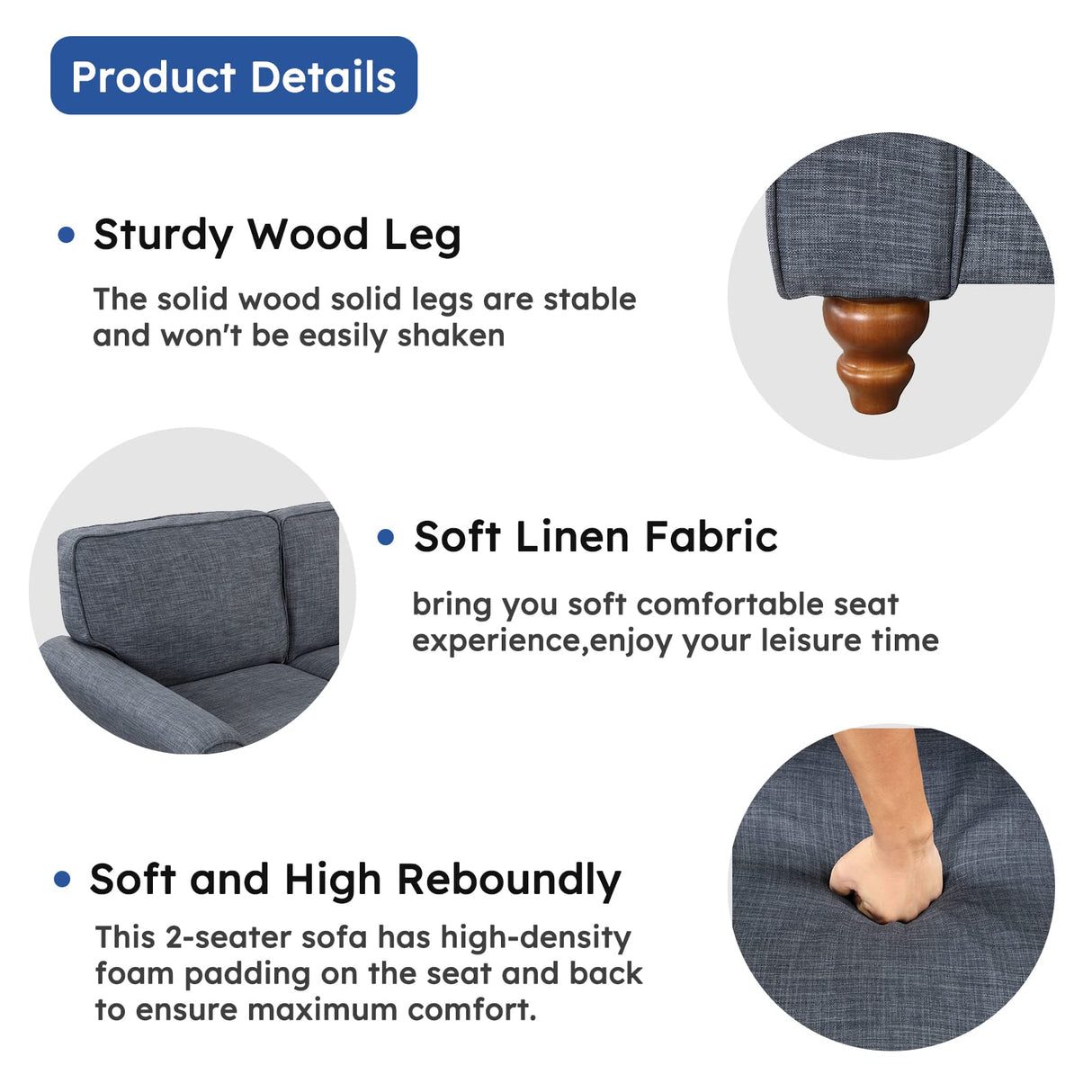 EBELLO Modern Linen Fabric Loveseat Sofa, Upholstered 2-seat Sofa Couch Wood Frame and Sturdy Legs for Living Room Bedroom Office, Dark Blue EBELLO