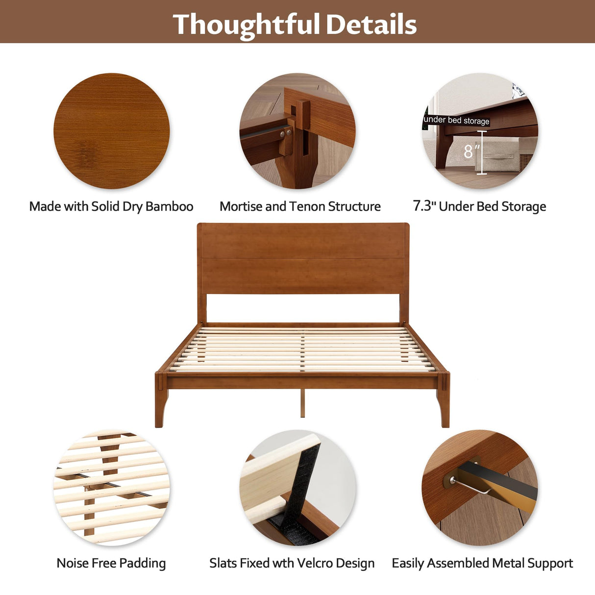 Merax Full Size Bamboo Platform Bed, Mid-Century Modern Bed Frame with Tall Headboard, Wood Slat Support, No Box Spring Needed, Easy Assembly, Brown Merax