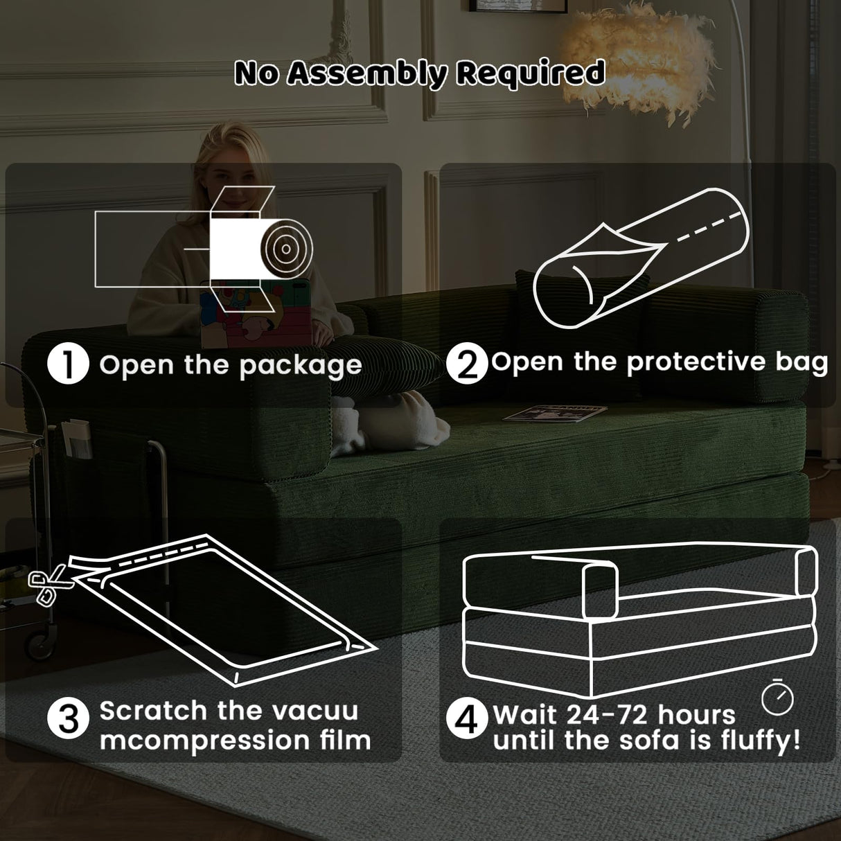 GEARIVY Folding Sofa Bed Convertable Corduroy Couch King Size Floor Sleeper 4-in-1 DIY Combination Modular Sofa Fold Out Futon Lounge Comfy Foldable Lazy cama for Living Room (Green, 80.15") GEARIVY