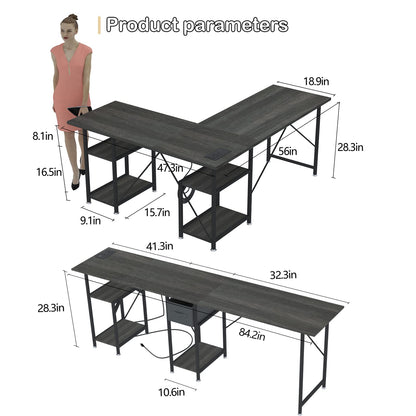 SZXKT L Shaped Desk with Drawers, Gaming Desk, Corner Computer Desk with Storage and Power Outlet,Reversible U Shaped Work Pc Desk for Home Office with Monitor Stand 2 Person Long Desk 56 Inc - WoodArtSupply