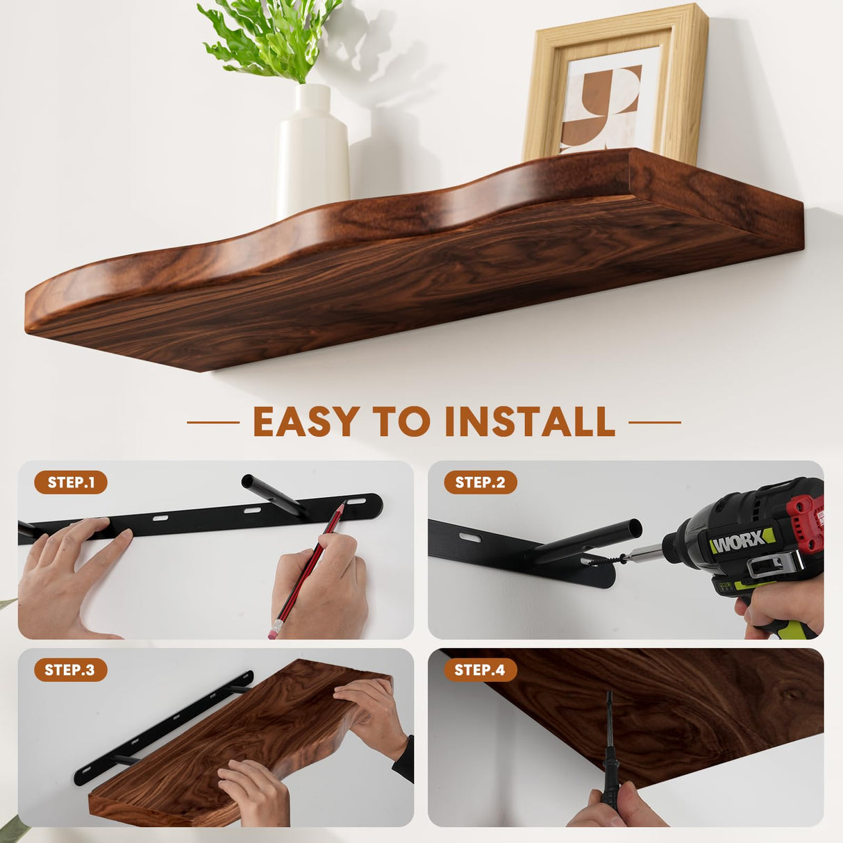 Avytronx Floating Shelves for Wall, 24 inch Rustic Wooden Floating Shelves, Wall-Mounted Floating Bookshelf, Hanging Shelves with Unique Natural Grain for Living Room, Bedroom, Kitchen (Walnut Color) Avytronx