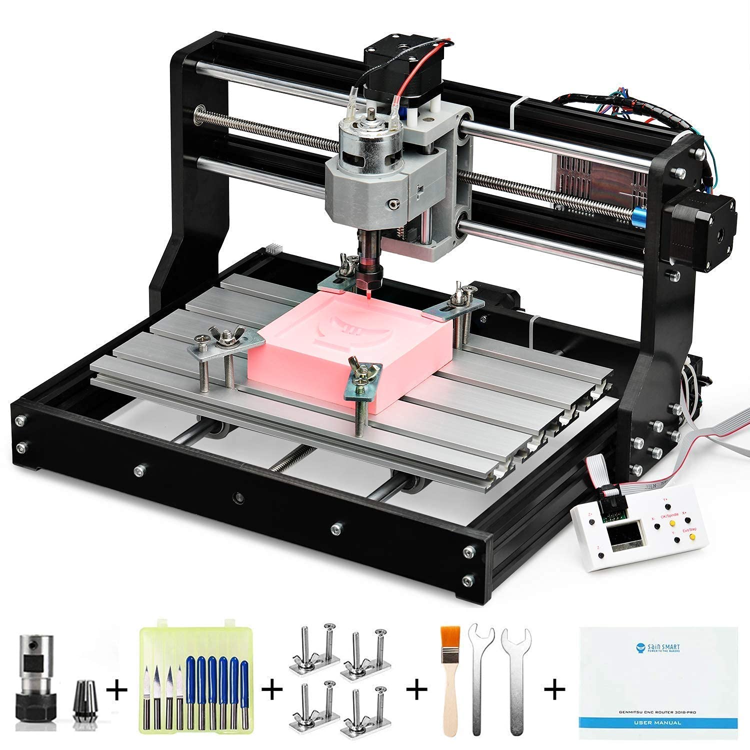 Genmitsu CNC 3018-PRO Router Kit Milling Engraving Machine + GS-775M 20000RPM 775 CNC Spindle Motor with ER11 Collet Set - WoodArtSupply