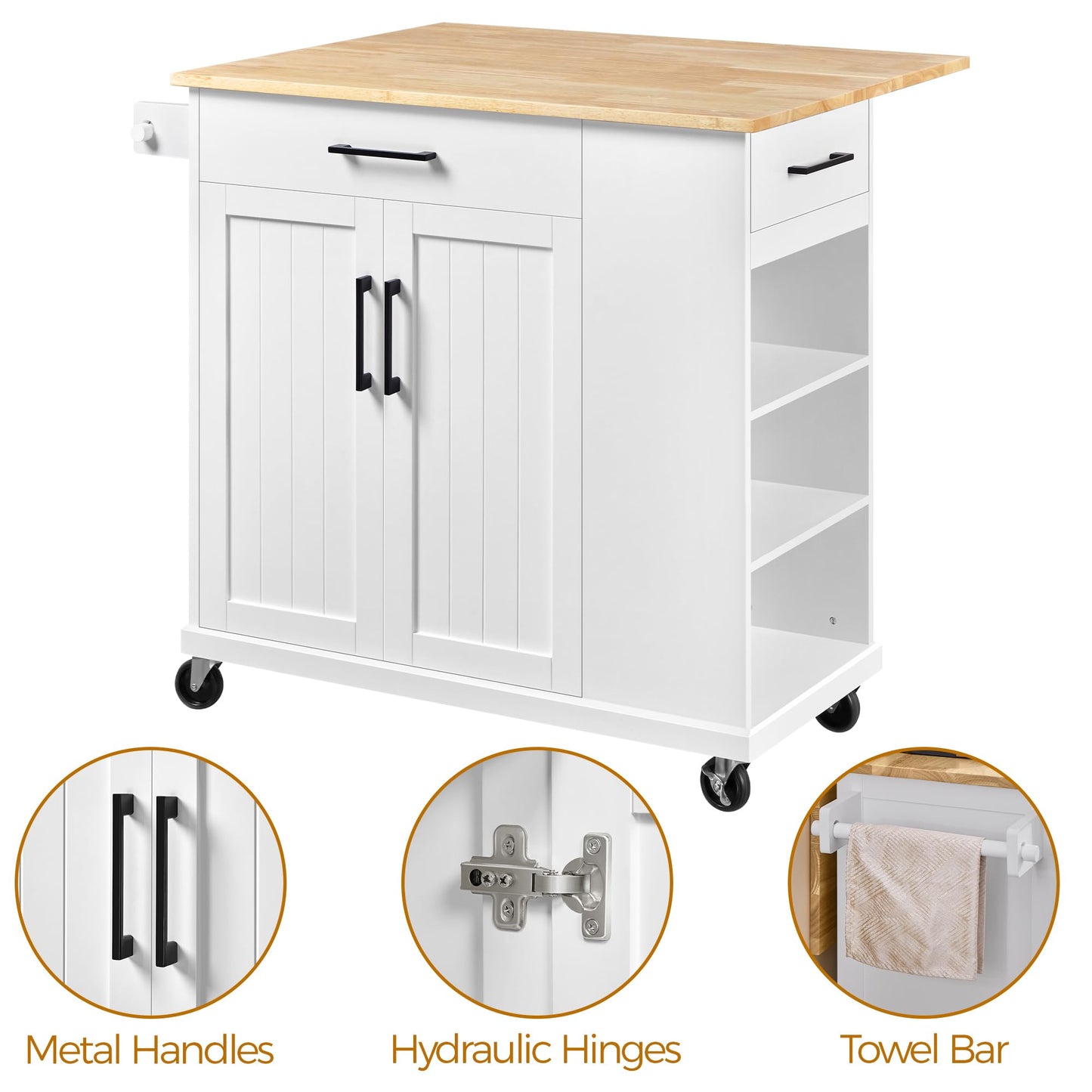 Yaheetech Rolling Kitchen Island Cart with Drop Leaf, Portable Rubberwood Breakfast Bar with Storage Cabinet, Open Shelves & Detachable Towel, 2 Drawers, White