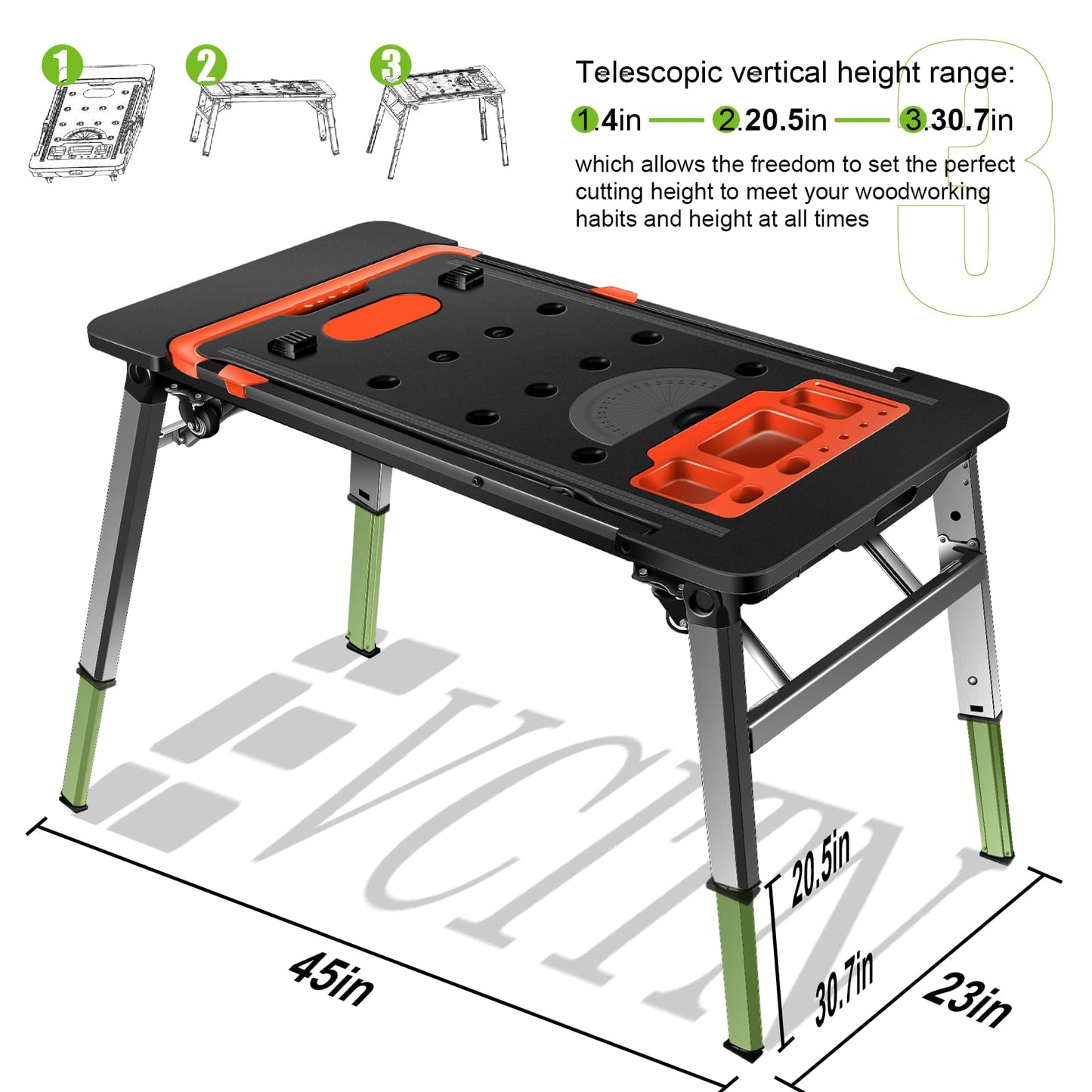 Evcitn Portable Workbench,7-in-1 Work Benches for Garage,45”Folding Work Table,Used as Car Creeper,Sawhorse,Platform,Scaffold,Hand Truck with 4 Wheels,550lbs Load Capacity - WoodArtSupply