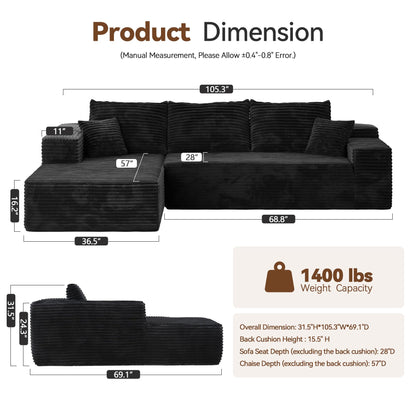 CAODOC 104" Cloud Sectional Couch with Comfy Chaise, Boneless L Shape Sofa with Deep Seat, Minimalist Modular Couches Sleeper for Living Room Bedroom Apartment Lounge,Black