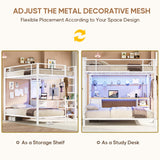 DICTAC Full Over Twin Bunk Bed with Desk and Led Lights Metal Loft Bed Frame with Charging Station,Storage Shelves and Drawers for Teen & Adults,Safety Guard & Ladder,No Box Spring Needed,White DICTAC