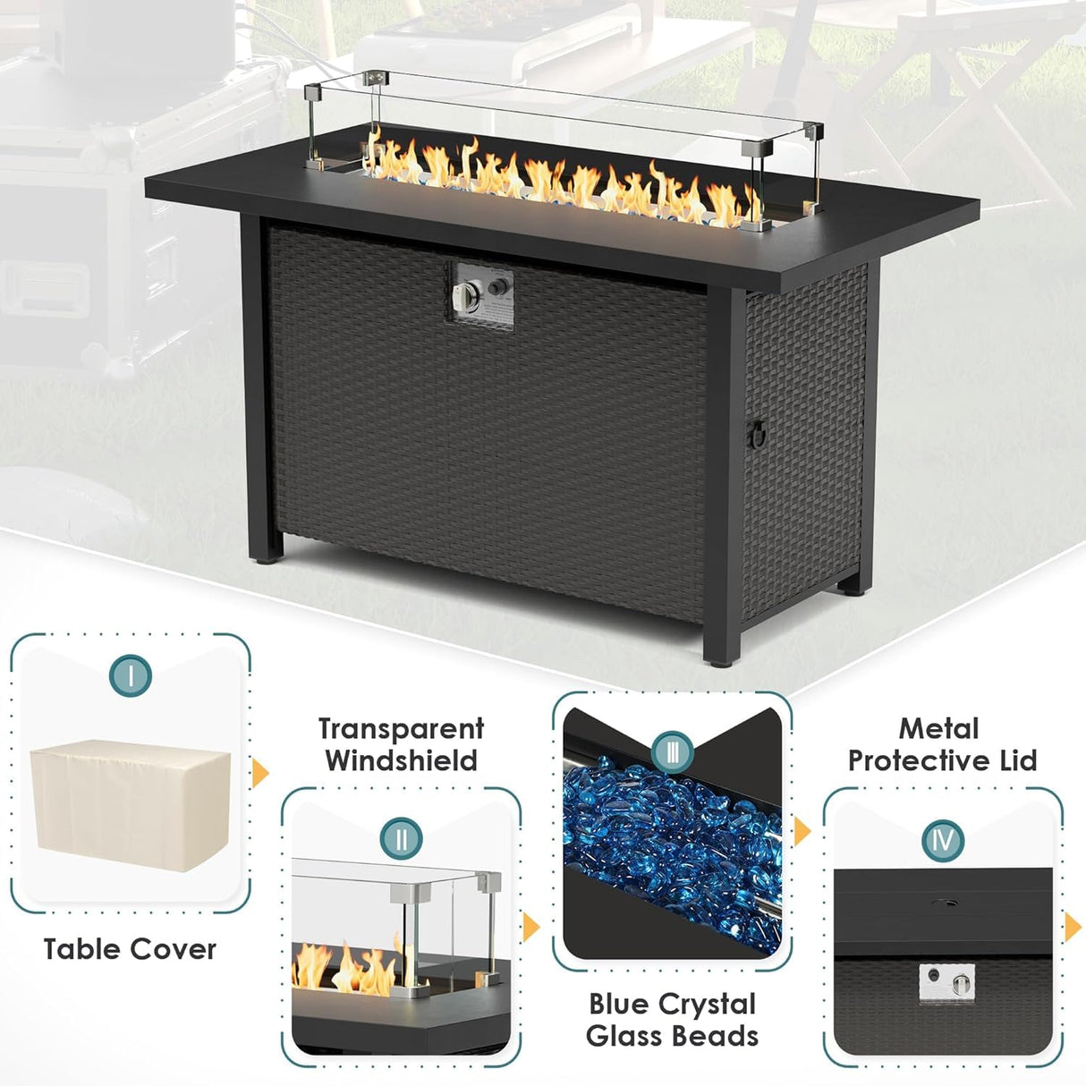 Patiomore 8-Pieces Outdoor Patio Furniture Sets,45”Propane Gas Fire Pit Table， All-Weather Black Brown Wicker Rattan Sectional Sofa, Washable Seat Cushion(Beige) Patiomore