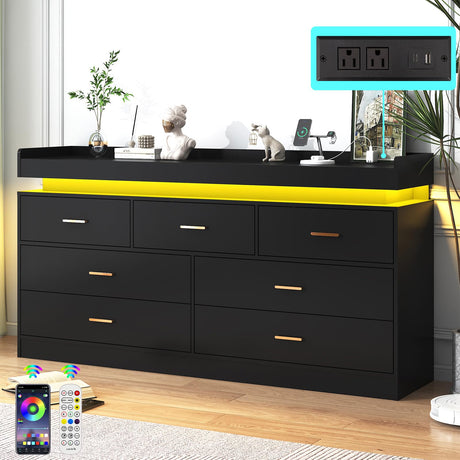 jiteentarou 7 Drawer Dresser with Charging Station and LED Lights, Modern Chest of Drawers with Power Outlet, Organizer Cabinet for Bedroom, Living Room, Entryway, Black jiteentarou