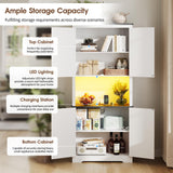 Fameill Farmhouse 71" Tall Kitchen Pantry Storage Cabinet with LED & Charging Station, Modern 4 Doors & Adjustable Shelves for Pantry Living Room Storage Hutch Cabinet, Free Standing Cabinet White Fameill