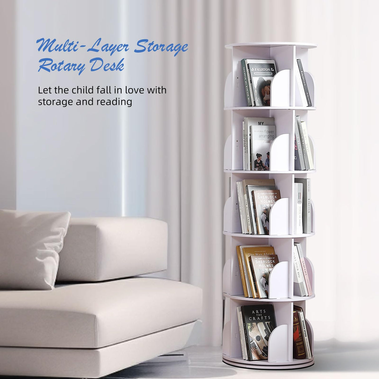 Rotating Bookshelf Tower, 360 Display Spinning Bookshelf, PVC Narrow Book Shelf Organizer, Corner Floor Standing Bookcase for Bedroom, Living Room, Study Room, Small Space (5 Tier) Buzleer