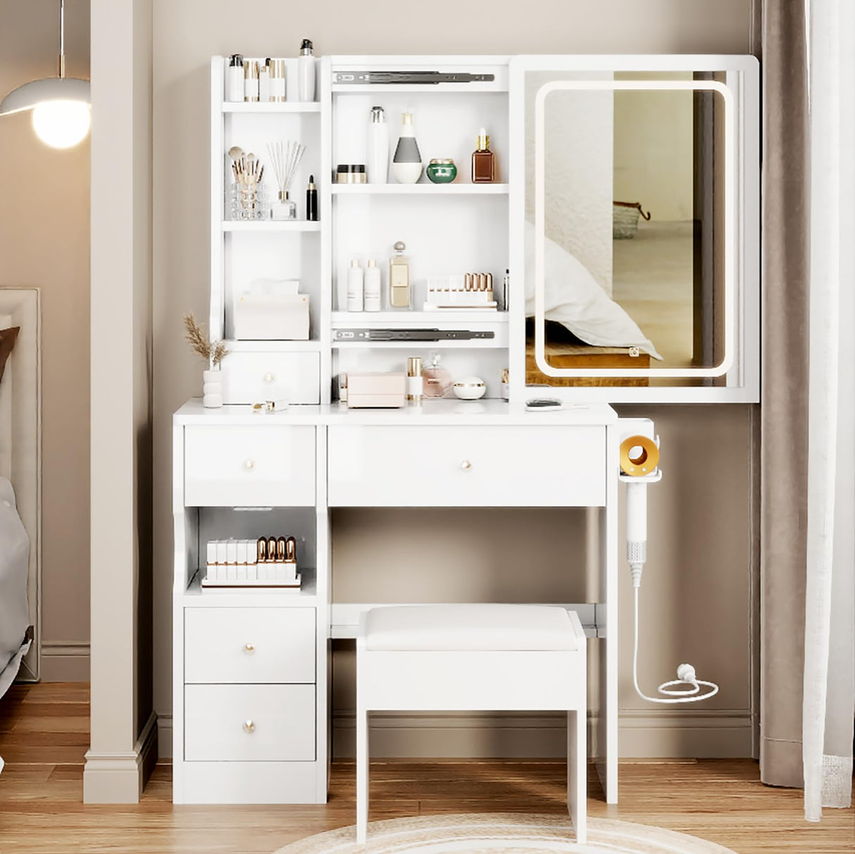 Edamon Vanity Desk with Lights and Chair, 2 AC+2 USB Power Station and Hair Dryer Bracket, Extra Large Touch Control Sliding LED Mirror, 3 Lighting Modes,Brightness Adjustable White Vanity (white, A) Edamon