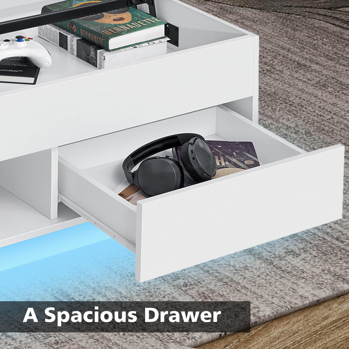 LED Coffee Table White Lift Top Coffee Table with Storage Modern Tea Table with Drawer Lift Up Dining Center Table with LED Light for Living Room Home Office HOMMPA