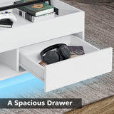 LED Coffee Table White Lift Top Coffee Table with Storage Modern Tea Table with Drawer Lift Up Dining Center Table with LED Light for Living Room Home Office HOMMPA