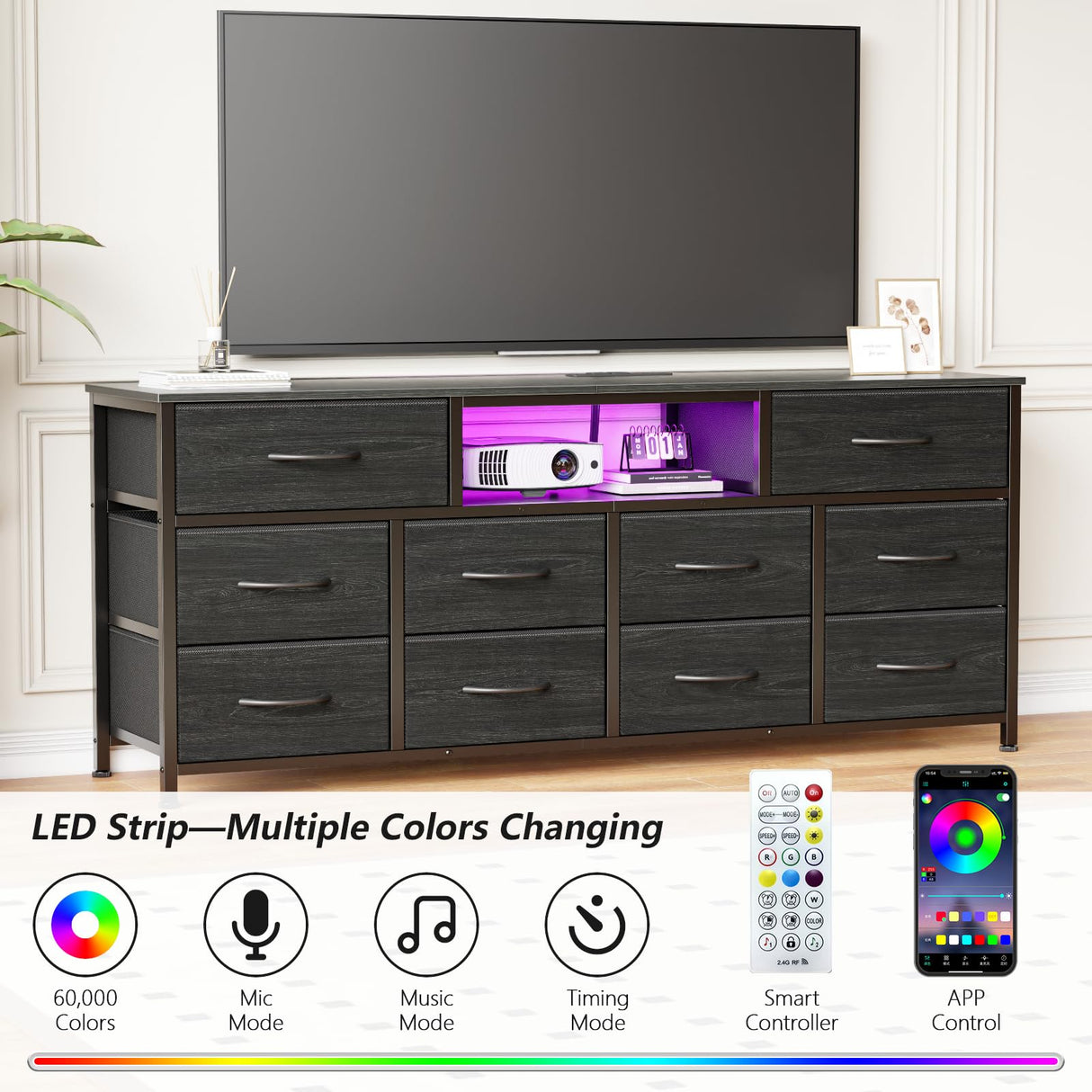 Furnulem 55” Long Dresser for Bedroom, TV Stand for 55 to 65 inch TV, Black Dresser with 10 Fabric Drawers, Chest of Drawer for Closet, Entertainment Center with Power Outlet & LED Light Furnulem