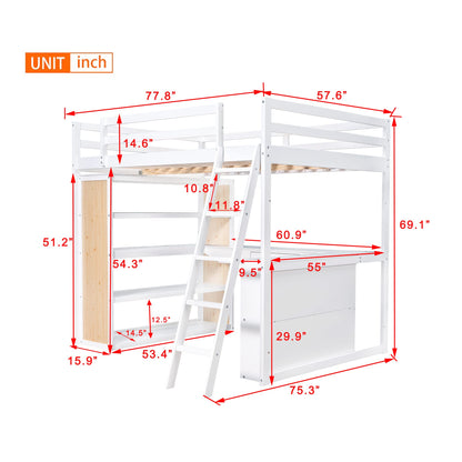 Versatile Full Size Loft Bed with Desk, Shelves, Drawer and Ladder – Solid Wood Frame in White - WoodArtSupply