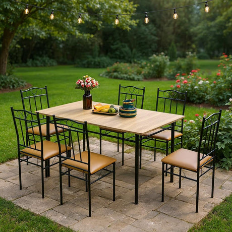 Homy Casa Outdoor Patio Dining Set, 7-Piece Table & Chairs, Wood Grain Top & Metal Frame, Ideal for Deck, Garden & Balcony Gatherings Homy Casa