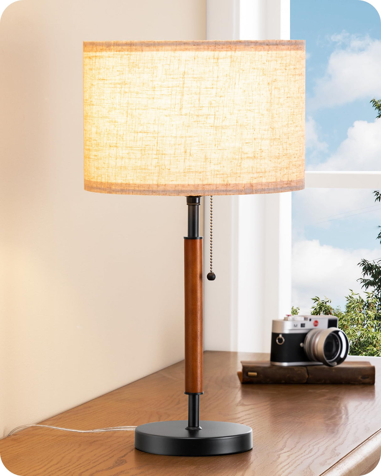 EDISHINE Mid Century Table Lamp, Pull Chain Switch Bedside Lamp with Linen Shade, Solid Wood Pole & Black Metal Base, Modern Nightstand Lamp for Bedroom, Living Room, Office, E26 Base EDISHINE