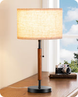EDISHINE Mid Century Table Lamp, Pull Chain Switch Bedside Lamp with Linen Shade, Solid Wood Pole & Black Metal Base, Modern Nightstand Lamp for Bedroom, Living Room, Office, E26 Base EDISHINE
