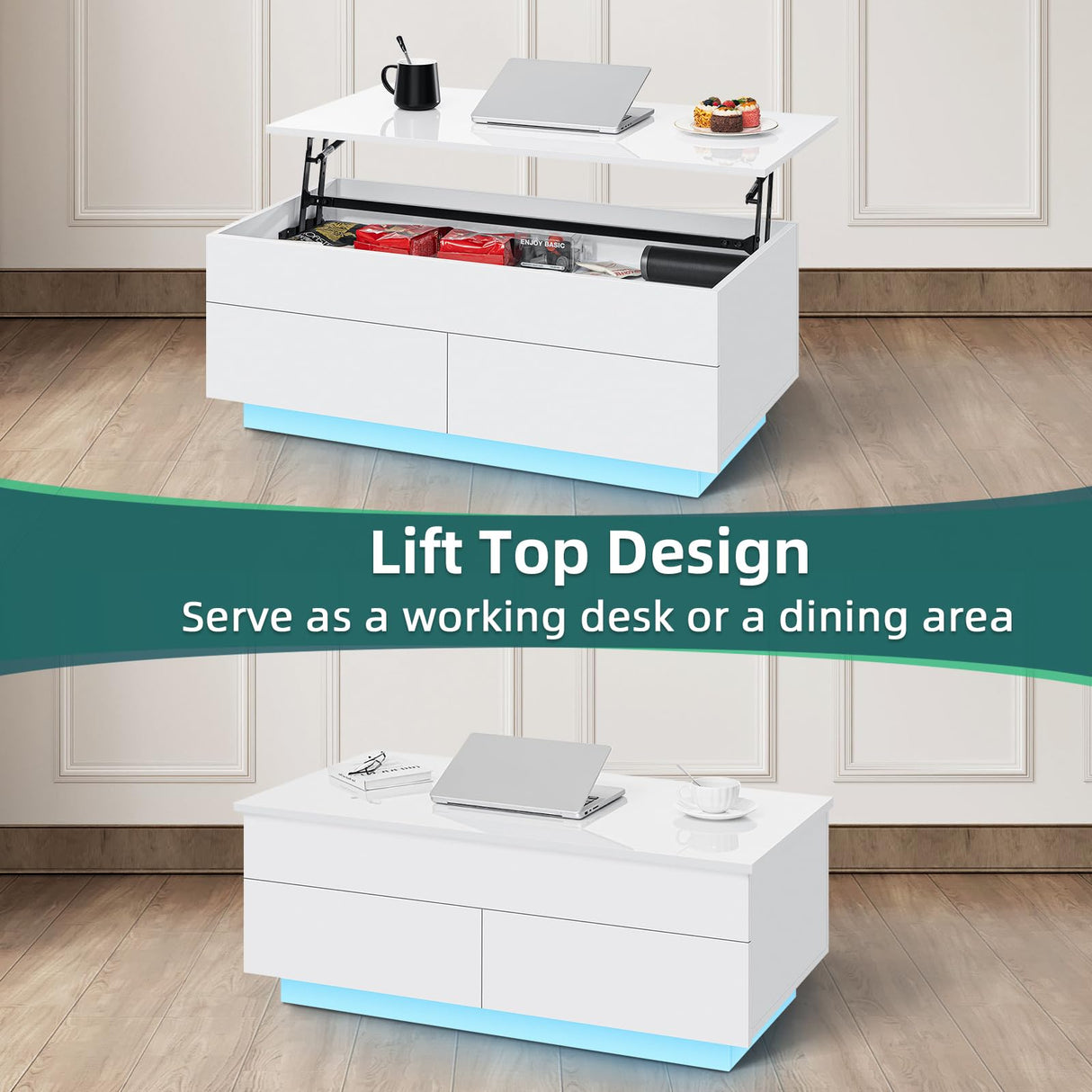 HOMMPA 40'' Lift Top Coffee Table for Living Room, White Coffee Tables with Storage, LED Modern Coffee Table Rectangular White Gloss, Flip Top Center Table with 2 Drawers and Hidden Compartment HOMMPA