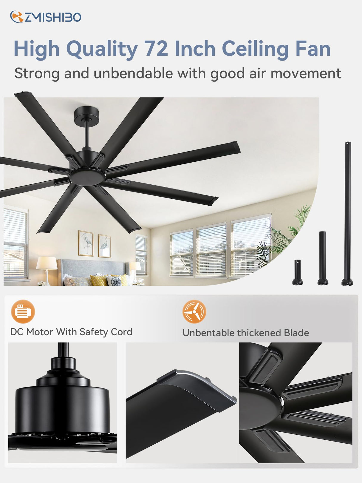 ZMISHIBO 72 Inch Ceiling Fan No Light, Large Black Ceiling Fan with Remote, Quiet DC Motor, and 6 Speeds, Indoor/Outdoor Industrial Ceiling Fans 8 Aluminum Blades for Patio, Garage, Shop, Black ZMISHIBO
