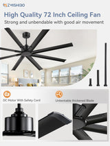 ZMISHIBO 72 Inch Ceiling Fan No Light, Large Black Ceiling Fan with Remote, Quiet DC Motor, and 6 Speeds, Indoor/Outdoor Industrial Ceiling Fans 8 Aluminum Blades for Patio, Garage, Shop, Black ZMISHIBO