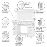 Boahaus Amelia Large Makeup Vanity Desk with Dimmable LED, 2 Bluetooth Speakers, USB Type C & Type A, 110 V Power Outlet, 11 Drawers, Crystal Knobs, Hair Dryer Holder - Premium White Boahaus