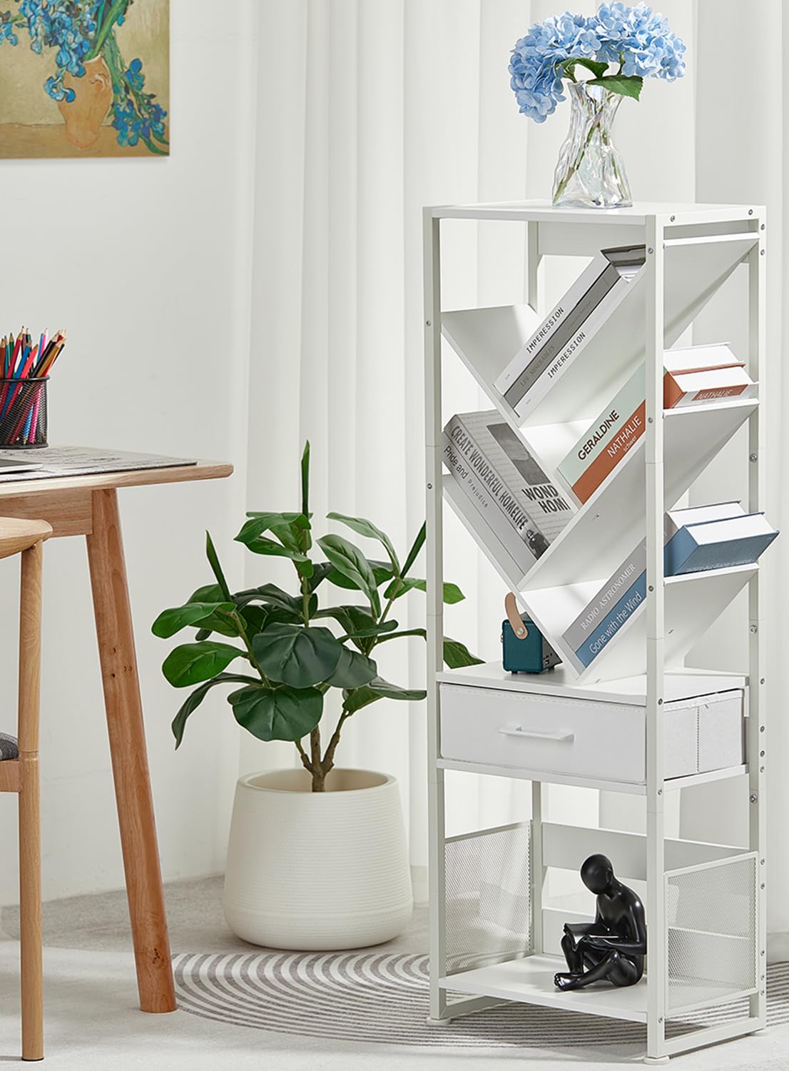 ZEXVIDA Bookshelf with Drawer,8 Tier Tree Bookcase Retro Floor Standing Bookshelves,Tall Wood Bookcases with Cabinet Storage Organizer for Living Room, Bedroom & Home Office, White ZEXVIDA