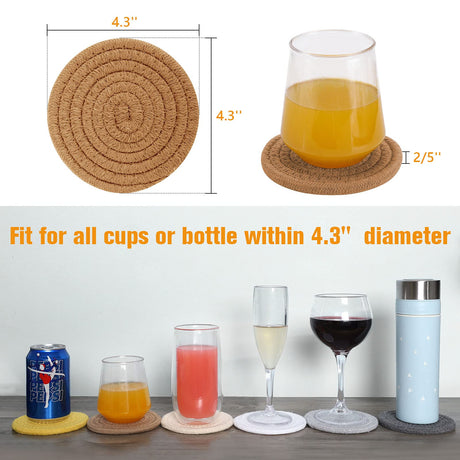 ABenkle 6 Pcs Coasters for Drinks,Super Absorbent Drink Coasters, Stylish Handmade Round Woven Coaster for Coffee Table Tabletop Protection Housewarming Gift for Home Decor - 4.3 Inches, Brown ABenkle