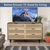 NTYUNRR 51.18" Black Rattan Dresser, 6 Drawer Double Dresser for Bedroom, Wooden Dresser Chest of Drawers, Modern Large Closet Boho Dressers Storage Cabinet, for Living Room Hallway Entryway, M NTYUNRR