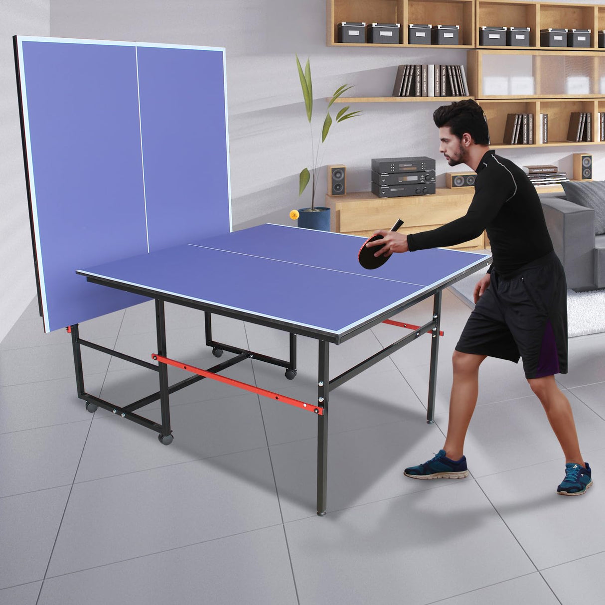 AOKUNG Blue Folding Rolling Table Tennis Table Indoor and Outdoor Table Tennis Table, 2 Rackets, 3 Balls, 1 Net and 4 Wheels Set Behind It for Easy Movement AOKUNG