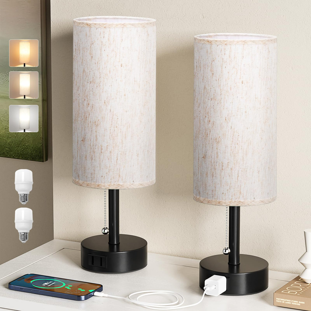 Fenmzee Bedside Table Lamps Set of 2-3 Color Temperatures Pull Chain Lamp with AC Outlet Charging Port, Small Round Night Stand Lamps for Bedroom Guest Room Office, Bed Side Light with E26 LED Bulbs Fenmzee