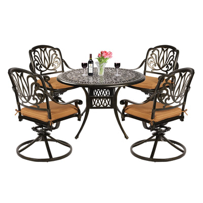 VIVIJASON 5-Piece Outdoor Patio Dining Set, All-Weather Cast Aluminum Conversation Set, Patio Furniture Set for Balcony Lawn Garden, Include 4 Swivel Dining Chairs, a 35.4" Round Table w/Umbrella Hole