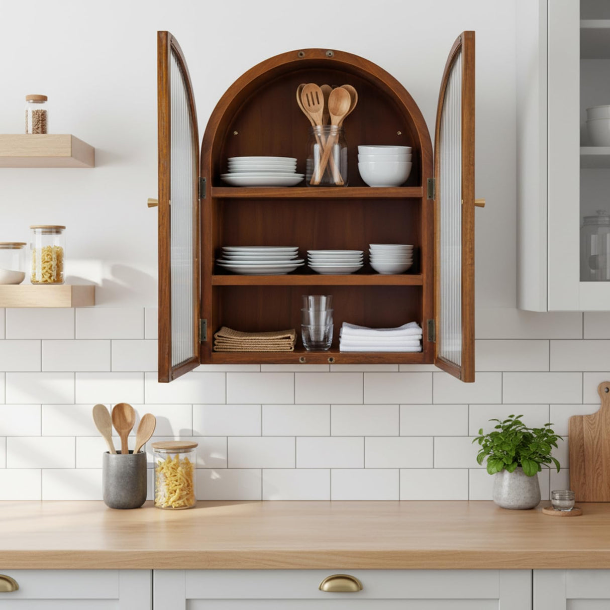 MyGift Arched Wall Cabinet,Bathroom Medicine Wall Mounted Cupboard,Mid Century Style Floating Storage Cabinet with Glass Door,Natural Acacia Wood MyGift