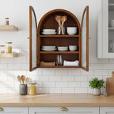 MyGift Arched Wall Cabinet,Bathroom Medicine Wall Mounted Cupboard,Mid Century Style Floating Storage Cabinet with Glass Door,Natural Acacia Wood MyGift