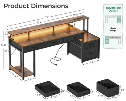 AODK 71 Inch Rustic Brown Office Desk with File Drawers, Power Outlet & LED Lighting - WoodArtSupply