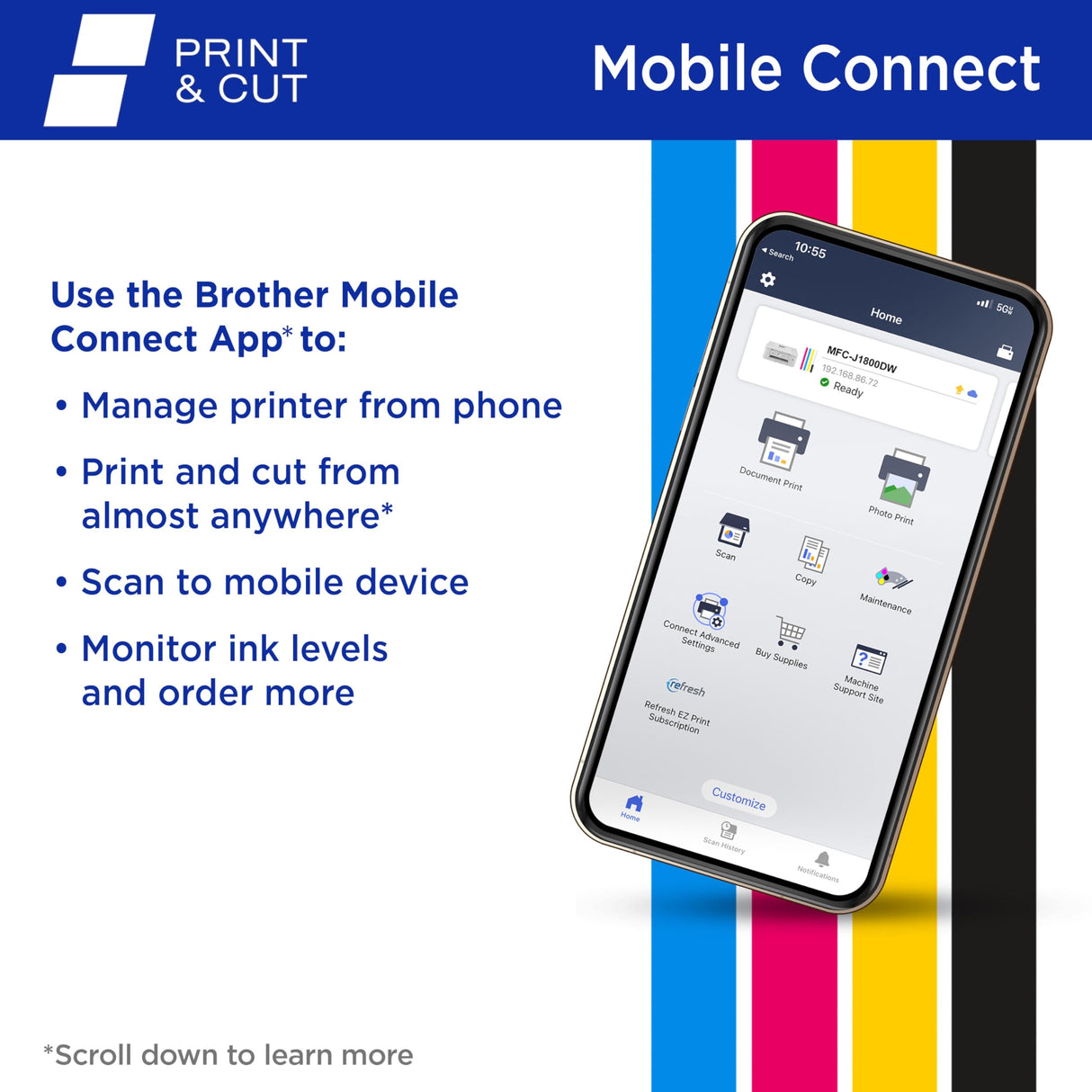 Brother Print & Cut MFC-J1800DW Wireless Color All-in-One Inkjet Printer with Automatic Paper Cutter | Includes 4 Month Refresh Subscription Trial(1), Amazon Dash Replenishment Ready Brother