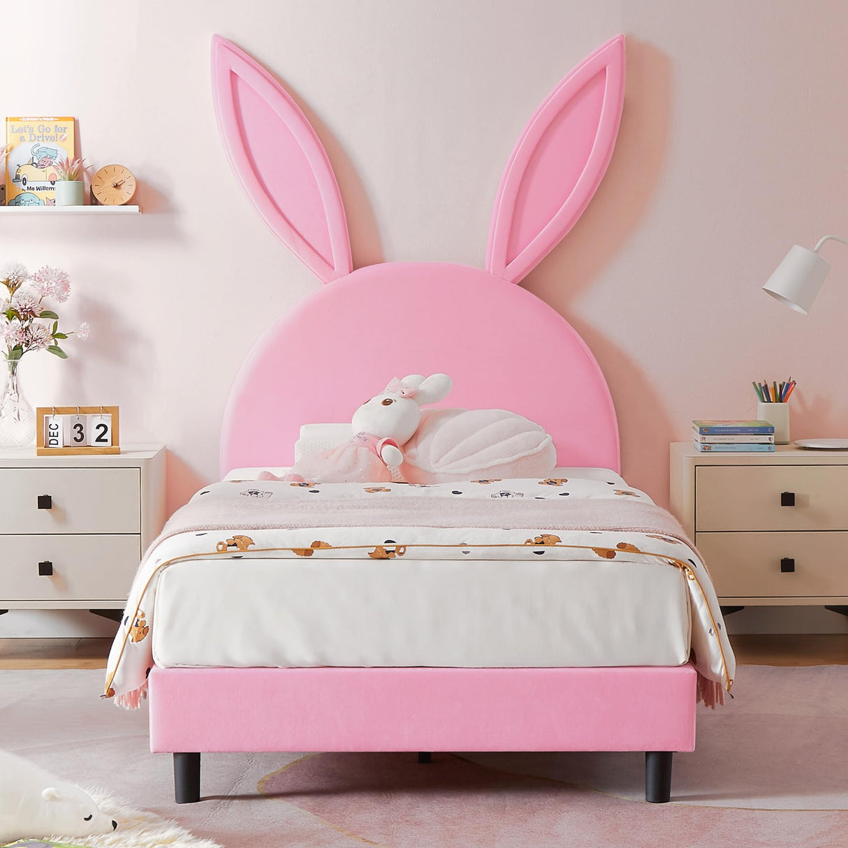 VECELO Pink Twin Bed Frame with Bunny Ear Headboard, Upholstered Velvet Padded for Girls, Sturdy Wood Slats, No Box Spring Needed VECELO