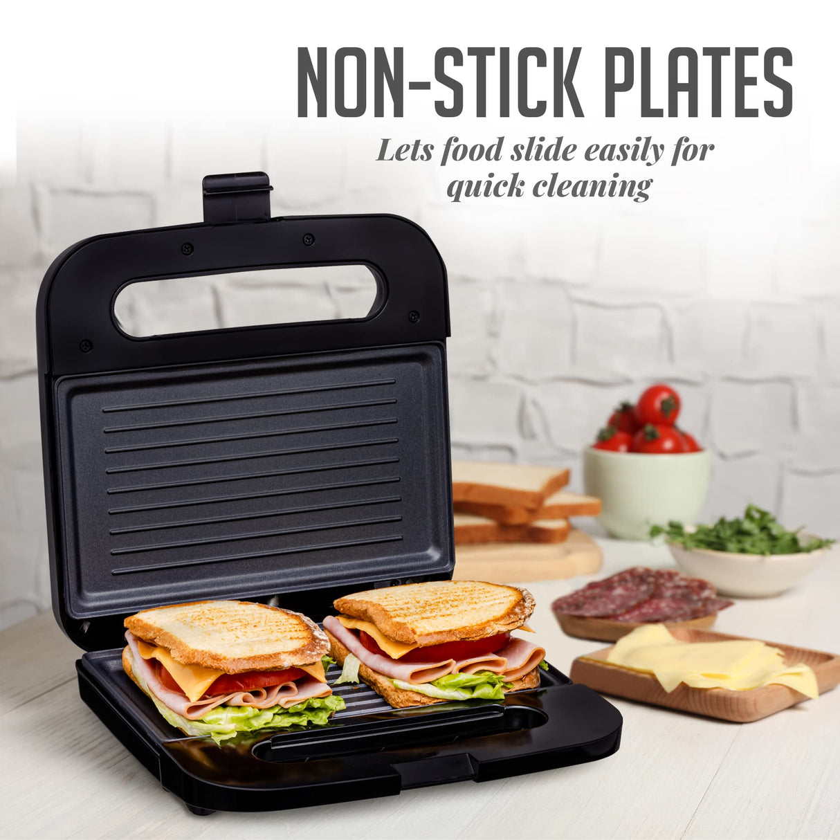 OVENTE Electric Panini Press Grill with Nonstick Plates, LED Indicator Lights, Thermostat Control, Cool Touch Handle, Compact Sandwich Maker Perfect for Cooking Breakfast, Snacks & More, Black GP0401B OVENTE