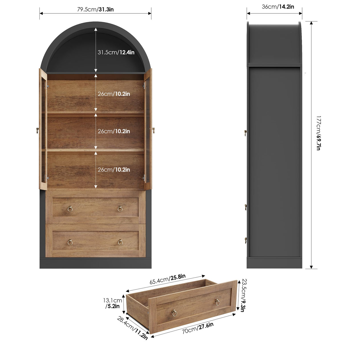 FINETONES 70" Tall Arched Cabinet, 6-Tier Arch Bookcase with Drawers, Farmhouse Bookshelf with Doors and Shelves, Large Display Book Shelf Storage Cabinet for Living Room, Office, Black/Brown FINETONES
