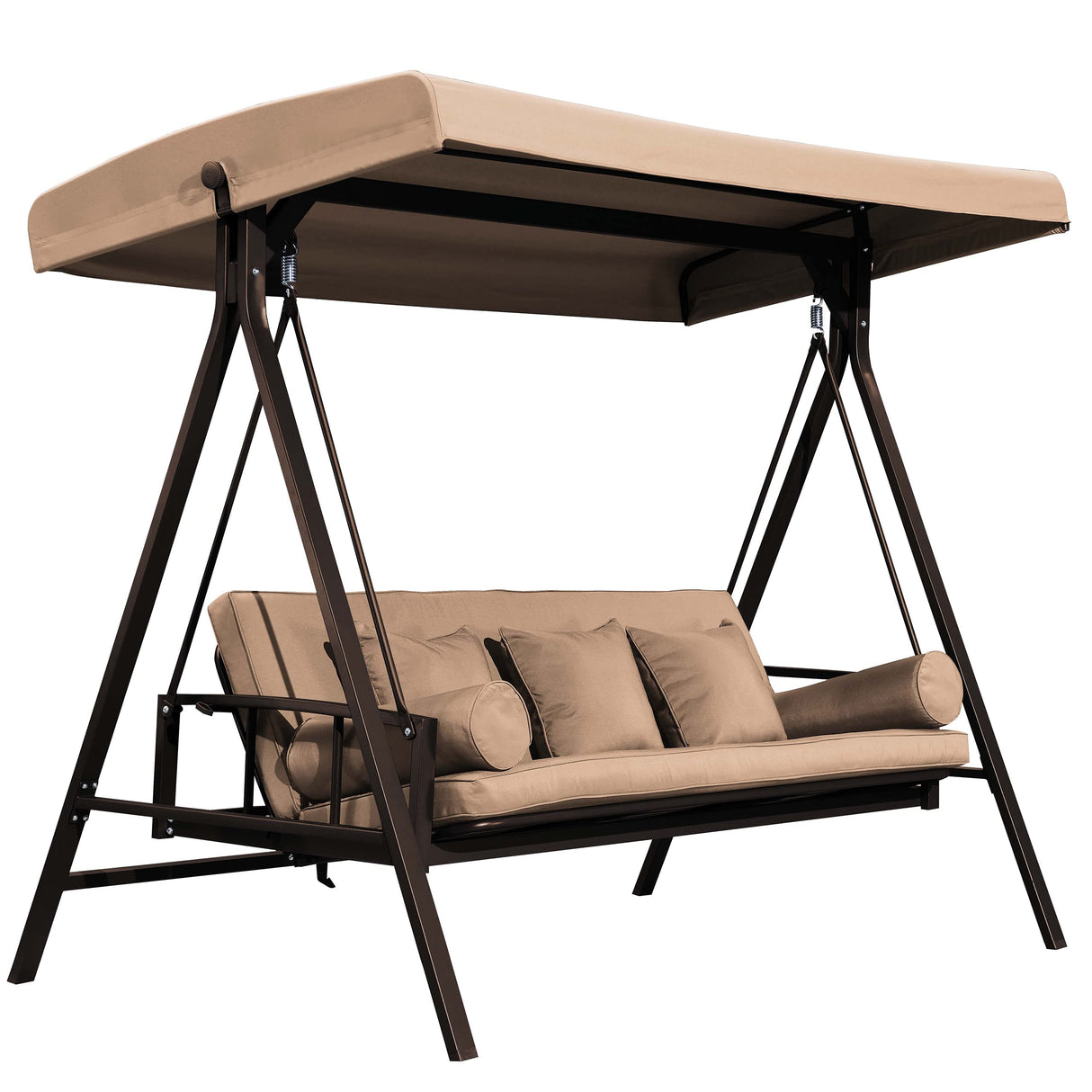 PURPLE LEAF Outdoor Patio Porch Swing Adjustable Backrest, 3-seat Swing Chair with Weather Resistant Steel Frame for Backyard Front Porch Lawn, Cushion and Pillows Included, Beige PURPLE LEAF