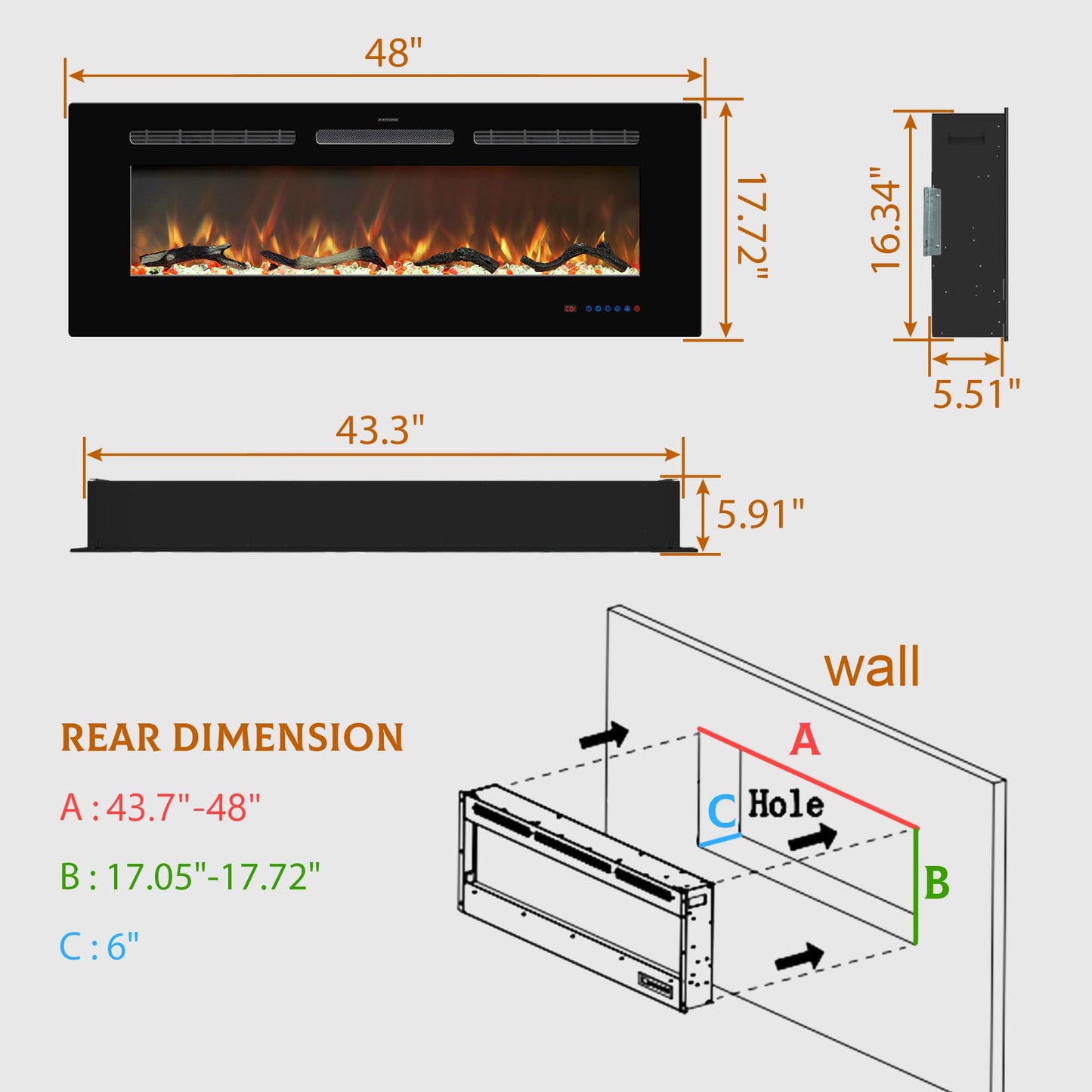 Kentsky 48 inches Electric Fireplace Inserts, Recessed and Wall Mounted Fireplace Heater, Linear Fireplace w/Thermostat, Remote & Touch Screen, Multicolor Flame, Timer, Log & Crystal, 750W/1500W