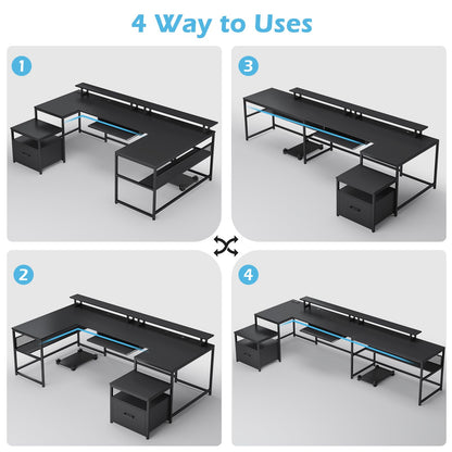 SEDETA U Shaped Desk, Reversible L Shaped Home Office Desk with File Drawer & Power Outlet, 101.5'' Computer Two Person Desk with Monitor Shelf, Keyboard Tray, Gaming Desk, Black - WoodArtSupply