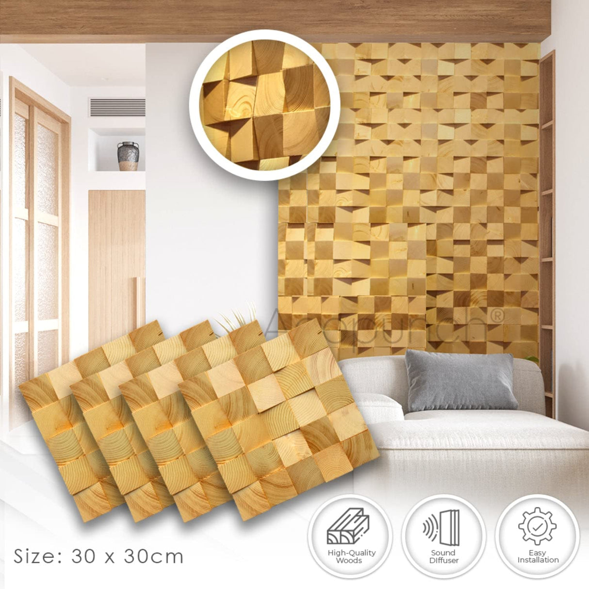 Acepunch 6 Finland Wooden 3D Wall Art Panel Home Decorative Sound Absorbing Dampening Tile Soundproofing Acoustic Music Insulator Noise reduction Studio Room Geometric Style 12x12in AP1234 Acepunch