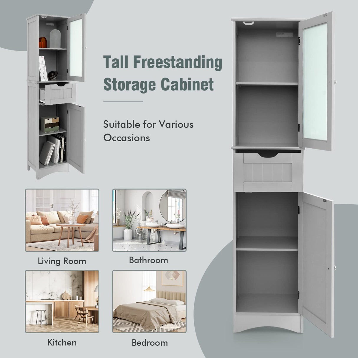 Tangkula 67" Tall Bathroom Storage Cabinet, Slim Freestanding Tower w/ 2 Doors & 1 Drawer, Narrow Floor Cabinet w/Adjustable Shelves & Tempered Glass Door for Bathroom Living Room (Grey) Tangkula