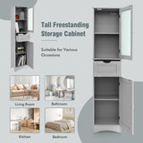Tangkula 67" Tall Bathroom Storage Cabinet, Slim Freestanding Tower w/ 2 Doors & 1 Drawer, Narrow Floor Cabinet w/Adjustable Shelves & Tempered Glass Door for Bathroom Living Room (Grey) Tangkula