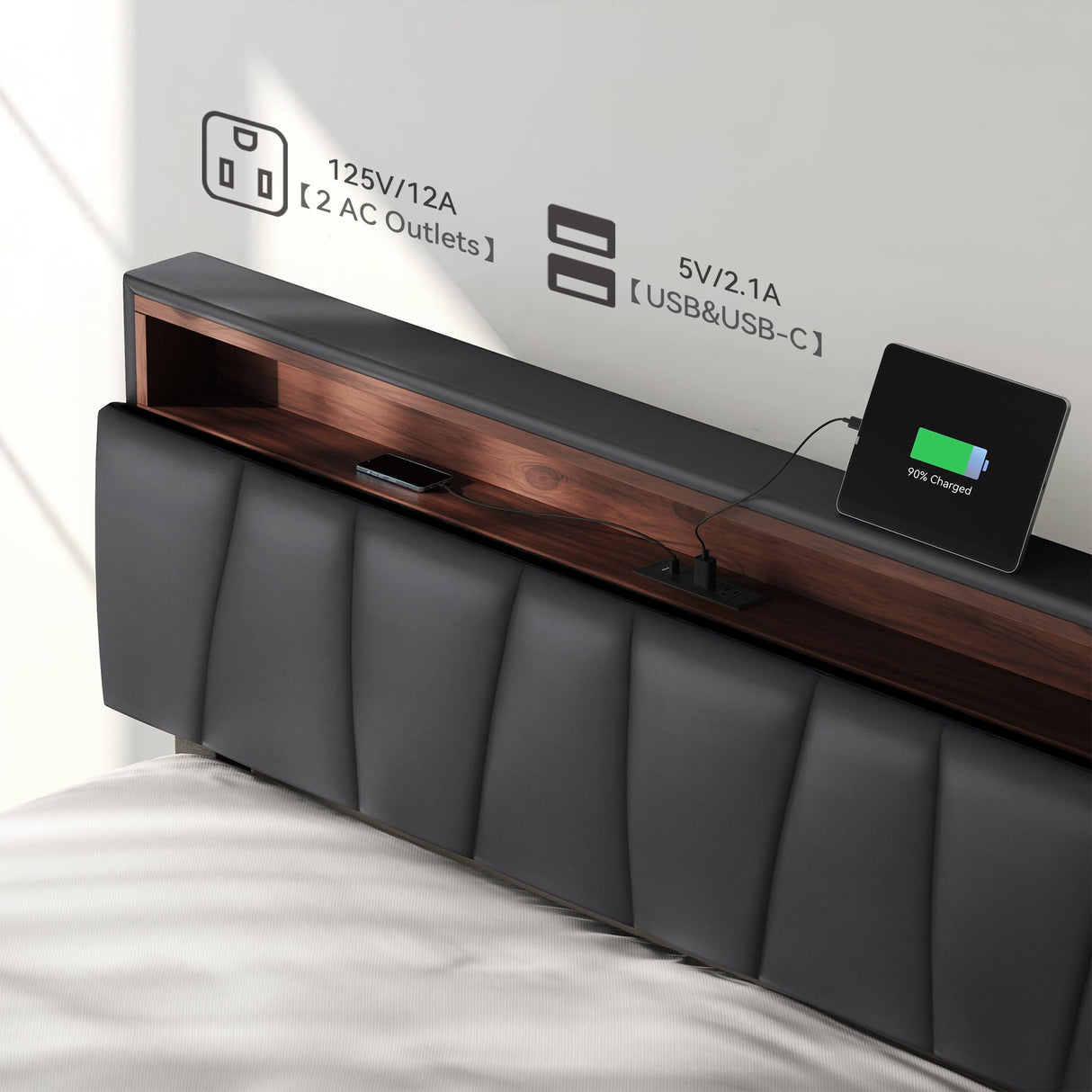 YITAHOME King Size Bed Frame, LED Bed Frame with Storage Upholstered Headboard, Platform Bed with Outlet & USB Ports, No Box Spring Needed, Easy Assembly, Black YITAHOME