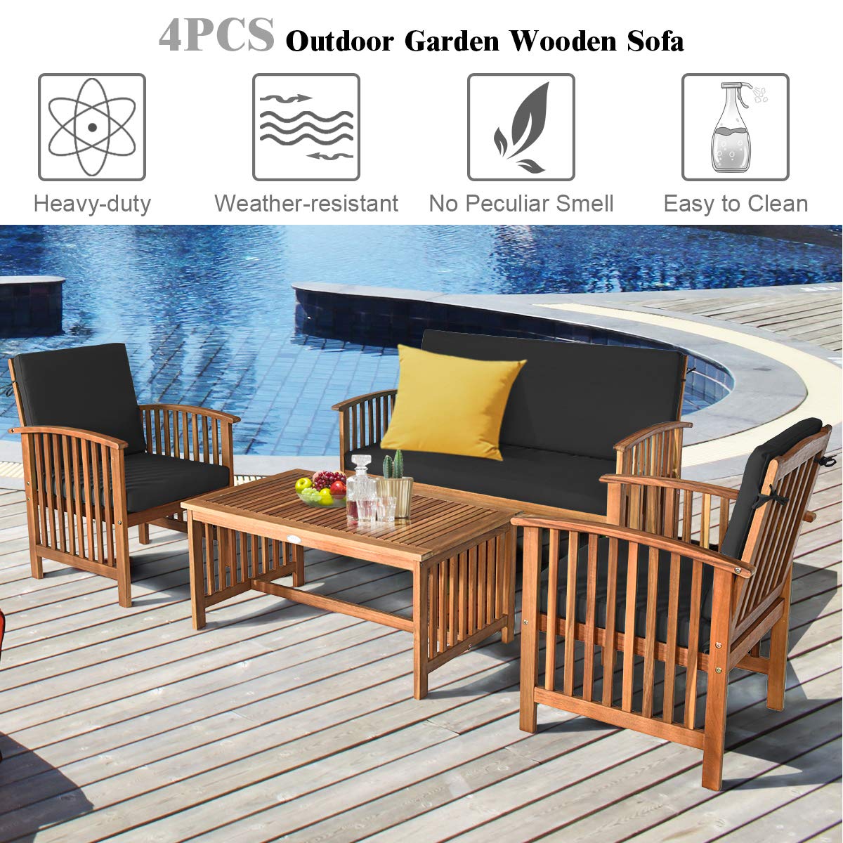 Tangkula Outdoor 4 PCS Acacia Wood Sofa Set w/Water Resistant Cushions, Padded Patio Seating Chat Set w/Coffee Table for Garden, Backyard, Poolside (1, Black) - WoodArtSupply